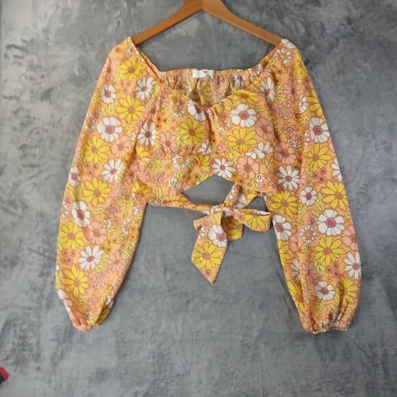 Madden NYC Floral Puff Sleeve CropTop M Y2K Retro Orange Festival Sunflower Vibe - Picture 5 of 14
